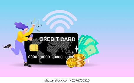 Woman Buyer Hold Smartphone  Standing near Huge Credit Card. Online Payment Concept. Purchases in Internet with Mobile Phone Paying. Cartoon Flat Vector Illustration