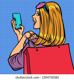 woman buyer online sale. Comic cartoon pop art illustration vintage vector drawing