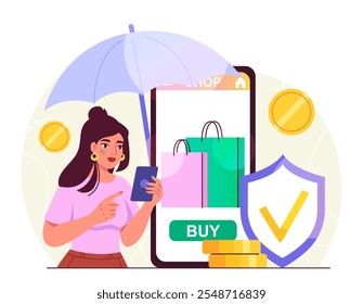 Woman with buyer protection. Young girl with smartphone buys goods. Online store and shop. Digital money. Electronic commerce and marketing. Flat vector illustration isolated on white background