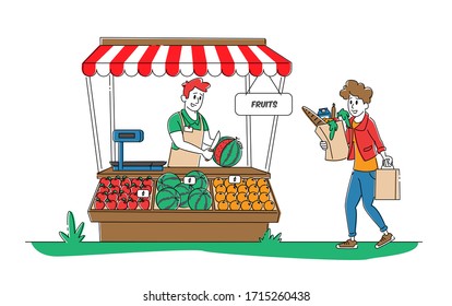 Woman Buyer Stand at Desk with Farmer Sea Food Production on City Market. Customer Visit Outdoor Farm Marketplace, Purchaser Character Buying Ecological Healthy Food. Linear People Vector Illustration