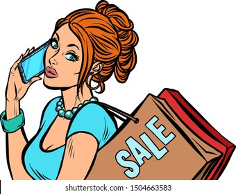 woman buyer talking on the phone. Pop art retro vector illustration drawing