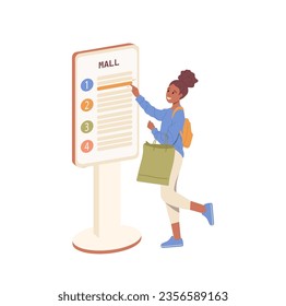 Woman buyer using shopping mall self-service terminal interactive panel public information kiosk