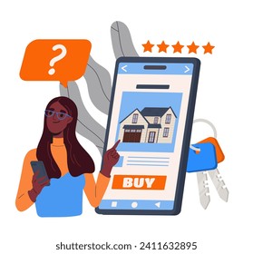 Woman buying apartment concept. Young girl with mobile application for smartphone. Custmer buy real estate and private property. Trading and investment. Cartoon flat vector illustration