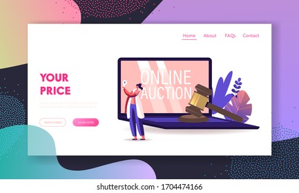 Woman Buying Assets in Internet Using Online Platform Landing Page Template. Female Character Holding Bid Plate at Huge Laptop with Online Auction Inscription on Screen. Cartoon Vector Illustration