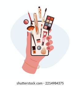 Woman buying beauty product with mobile app.Female hand holds cell phone to buy brushes for makeup,eye shadow,nail color,liner with beauty blender and mascara.Vector flat illustration in cartoon style