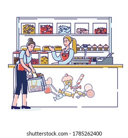 Woman buying candies in candy shop. Female buyer in confectionary store with different sweets, bakery, cakes and colorful lollipops. Cartoon linear vector illustration