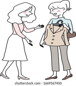 Woman buying cloth. Cheerful female salesperson showing cloth to happy customer in clothing shop. Saleswoman and happy shopper in clothing store. Saleslady assisting client choosing jacket.