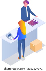 Woman buying clothes in fashion boutique with shop assistant. Consulting cashier at counter helps female customer. Shopping, payment in store concept. Girl pays for goods at checkout of shopping mall