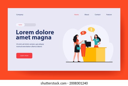Woman buying clothes in fashion store, consulting cashier at counter. Currency, euro, dollar flat vector illustration. Shopping, currency payment concept for banner, website design or landing web page