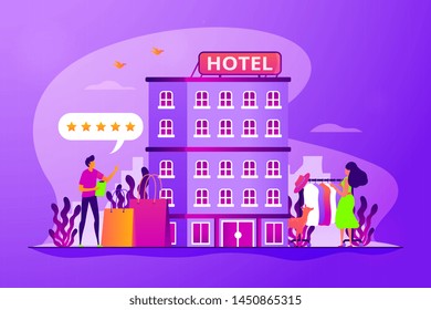 Woman buying clothes in hotel. Hotel facilities. Tourists rating accommodation. Boutique hotel, ultra-personalized service, high-end residential concept. Vector isolated concept creative illustration