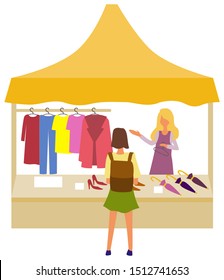 Woman buying clothes from market store vector, isolated salesperson showing fabric and production. Clothing and accessories dresses and jackets umbrella