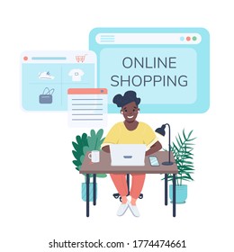 Woman buying clothes on Internet social media post mockup. Online shopping phrase. Web banner design template. Booster, content layout with inscription. Poster, print ads and flat illustration