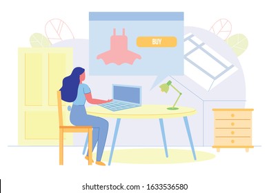 Woman Buying Clothes Online Flat Cartoon Vector Illustration. Girl Sitting at Table with Laptop and Searching for Dress in Website. E-Commerce. Internet Store. Virtual Shopping at Home.