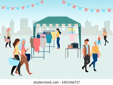 Woman Buying Clothes At Street Market Flat Vector Illustration. Trade Tent, Fair Awning. Buyer At Outdoor Local Clothing Store, Shop. People Walk Summer Fair. Market Tent With Second Hand Clothes