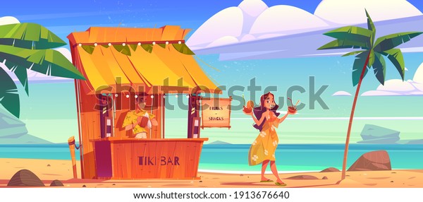 Woman buying cocktail in tiki hut bar with\
barman on hawaii beach, Smiling girl in summer dress carry coconut\
drink walking along sandy ocean coastline with palm trees, Cartoon\
vector illustration