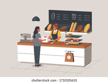 Woman Buying Coffee and Bread in Bakery Shop.  Baker Standing at Cashier Desk. Shelves  full of Breads, Baguettes and Various Bakery Products. People in Cafe. Flat Cartoon Vector Illustration.