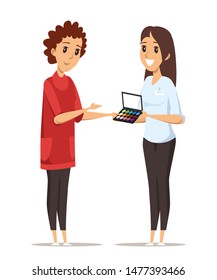 Woman buying cosmetics flat vector illustration. Happy store client and friendly saleswoman cartoon characters. Seller consultant holding eyeshadow palette. Customer service, female fashion salon