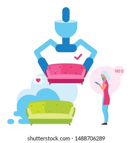 Woman buying couch flat vector illustration. Girl choosing sofa color for interior design cartoon character. House reconstruction. Consumer doing purchases online. Living room furniture shop