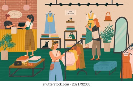 Woman buying dress in modern fashion boutique. Fashion store vector illustration set. Design clothes shop interior. Showroom with female apparel