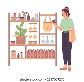 Woman buying eco cosmetics semi flat color vector character. Organic store. Editable figure. Full body person on white. Simple cartoon style illustration for web graphic design and animation