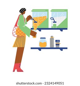 Woman buying food at bulk grocery store, flat vector illustration isolated on white background. Person using reusable jars and bottles to fill with cereals. Conscious consumer.
