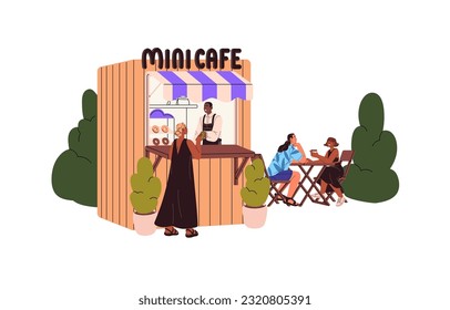 Woman buying food, drinks at street cafe. People eating, drinking at outdoor mini cafeteria on summer holidays. Kiosk vendor selling to customer. Flat vector illustration isolated on white background