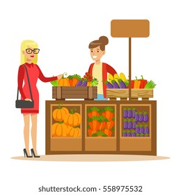 Woman Buying Fresh Vegetables From Farmer Working At The Farm And Selling On Natural Organic Product Market