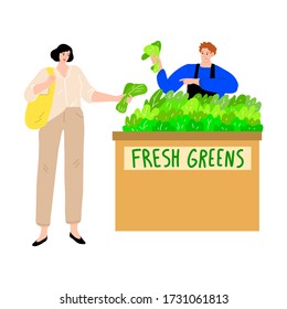 Woman buying fresh vegetarian food in wooden store with greens seller man holding a green bunch. Vector illustration