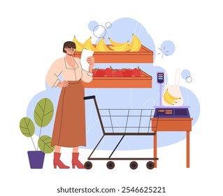 Mulher comprando frutas. Menina na mercearia com maçãs e bananas. Sortimento e varejo. Comprador e cliente na loja ou no supermercado. Ilustração de vetor plano isolada no plano de fundo branco