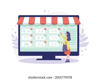 Mujer comprando bienes y comida en una tienda de internet. Ventajas de las compras en línea y comercio electrónico, ilustración vectorial de caricatura plana aislada en el fondo blanco.