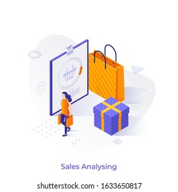 Woman buying goods, shopping bag, gift or present box and tablet. Concept of sales analysis, purchase analytics, analyzing activity of customers. Modern colorful isometric vector illustration.