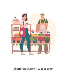 Woman buying groceries from man on market vector illustration. Modern female client buying fresh fruits and vegetables from friendly male seller while buying groceries on market