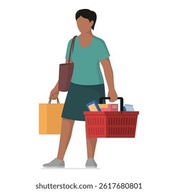 Woman buying groceries at the store, she is carrying a shopping basket full of products and a shopping bag