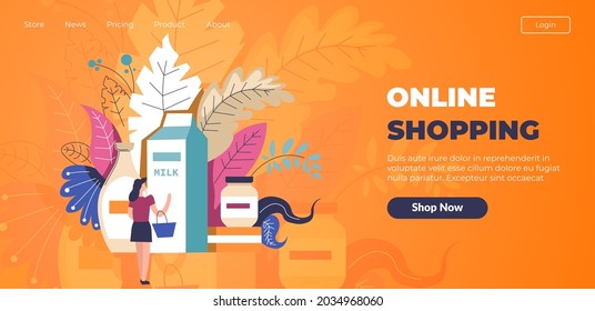 Woman buying grocery products in online store. Lady choosing meal, milk and packages in internet. Consumerism and shopping during quarantine. Website or webpage template, landing page flat vector