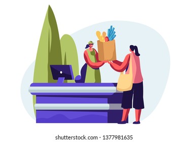 Woman Buying Healthy Food in Reusable Packing in Eco Store. Smiling Cashier Girl Character Giving Ecol Friendly Paper Bag with Products. Ecology Protection, Recycling Cartoon Flat Vector Illustration