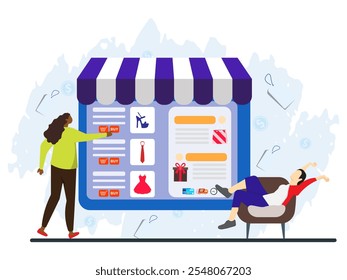 Mujer comprando zapatos de tacón en la tienda online. Luego, otra mujer se tumbó en el sofá mientras miraba un catálogo de la tienda en línea. Compra, tienda, marketing, concepto de comercio electrónico en Ilustración vectorial plana. 