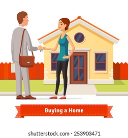 Woman Buying A New House. Real Estate Agent Giving A Home Key Chain To A Confident Lady Buyer. Flat Style Illustration Or Icon. EPS 10 Vector.