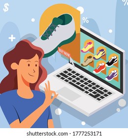 A woman buying new shoes from shoes online store illustration