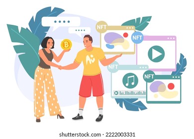 Woman buying nft art with bitcoin vector. Man artist offering crypto assets for auction illustration. Blockchain, bitcoin cryptocurrency and digital art