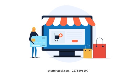 Woman buying from online Shop, eCommerce shopping woman making credit card payment online - flat design vector illustration with icons