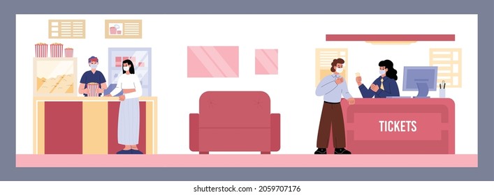 Woman Buying Popcorn At The Snack Bar At Cinema Hall Entrance. Man Buys Cinema Tickets At The Box Office. People And The Ticket Counter At The Movie Theatre Cartoon Vector Concept.