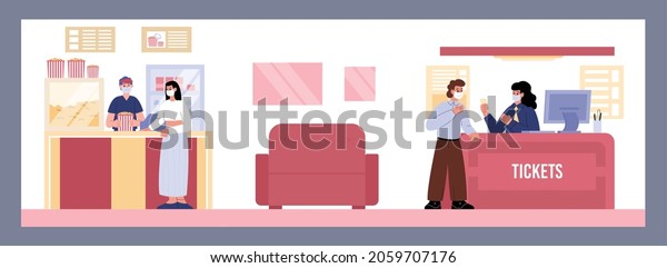 Woman buying\
popcorn at the snack bar at cinema hall entrance. Man buys cinema\
tickets at the box office. People and the ticket counter at the\
movie theatre cartoon vector\
concept.