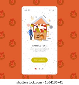 woman buying present box in gifts stall with female seller christmas market winter fair concept happy new year merry xmas holidays smartphone screen online mobile app full length sketch vector