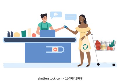 Woman Buying Products In Supermarket, Paying By Card At Cashier Desk, Vector Illustration. Grocery Store Checkout Counter, Hand Drawn Cartoon Characters. Friendly Cashier Chatting With Shop Customer