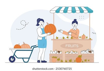 Mujer comprando calabaza. Chica joven con alimentación saludable con vitaminas. Vendedor de frutas y verduras frescas. Asistencia tu tienda local. Ilustración vectorial lineal aislada sobre fondo blanco