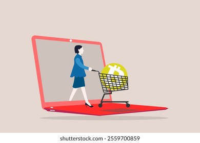 woman buying or purchasing crypto currency Bitcoin in shopping cart trolley out from laptop. concept of buying Bitcoin on sale when cryptocurrency price crash to make profit