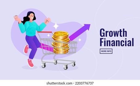 Woman Buying Or Purchasing Currency Coin In Shopping Cart Trolley To Speculate Earning In The Future. Bargain Business Deal For Buyer And Seller. Stock For Investor Or Consumer And Marketing. Vector