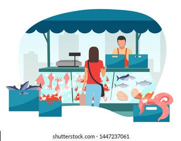 Woman buying seafood at street market stall flat illustration. Fresh sea food in ice trade tent, fish counter. Fair, summer market stand. Customer in local fishmarket outdoor shop cartoon character