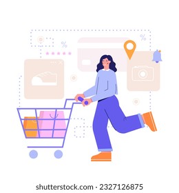 Woman buying shoes online. Cashless concept. Paying with credit card. Doing online shopping from home using smartphones. Process of choosing goods online. Vector flat illustration