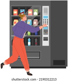 Woman Buying Snack And Beverage At Vending Machine With Drinks, Flat Style Vector Illustration. Girl Choosing And Paying Junk Food Or Sweet Isolated. Female Use Modern Self Service Interactive Kiosk